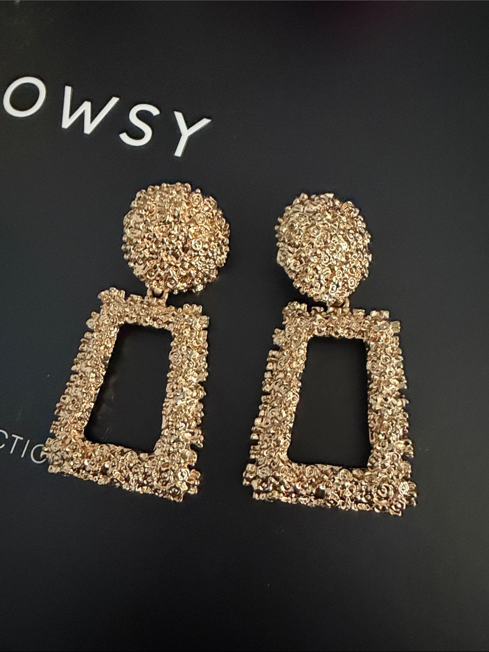 Gold Textured Open-Rectangle Drop Earrings